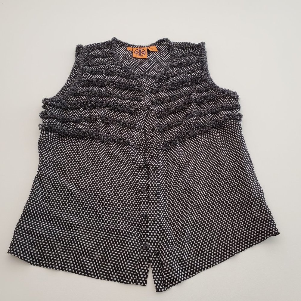 Tory Burch Silk Tank Top Ruffle Polka Dots Size L